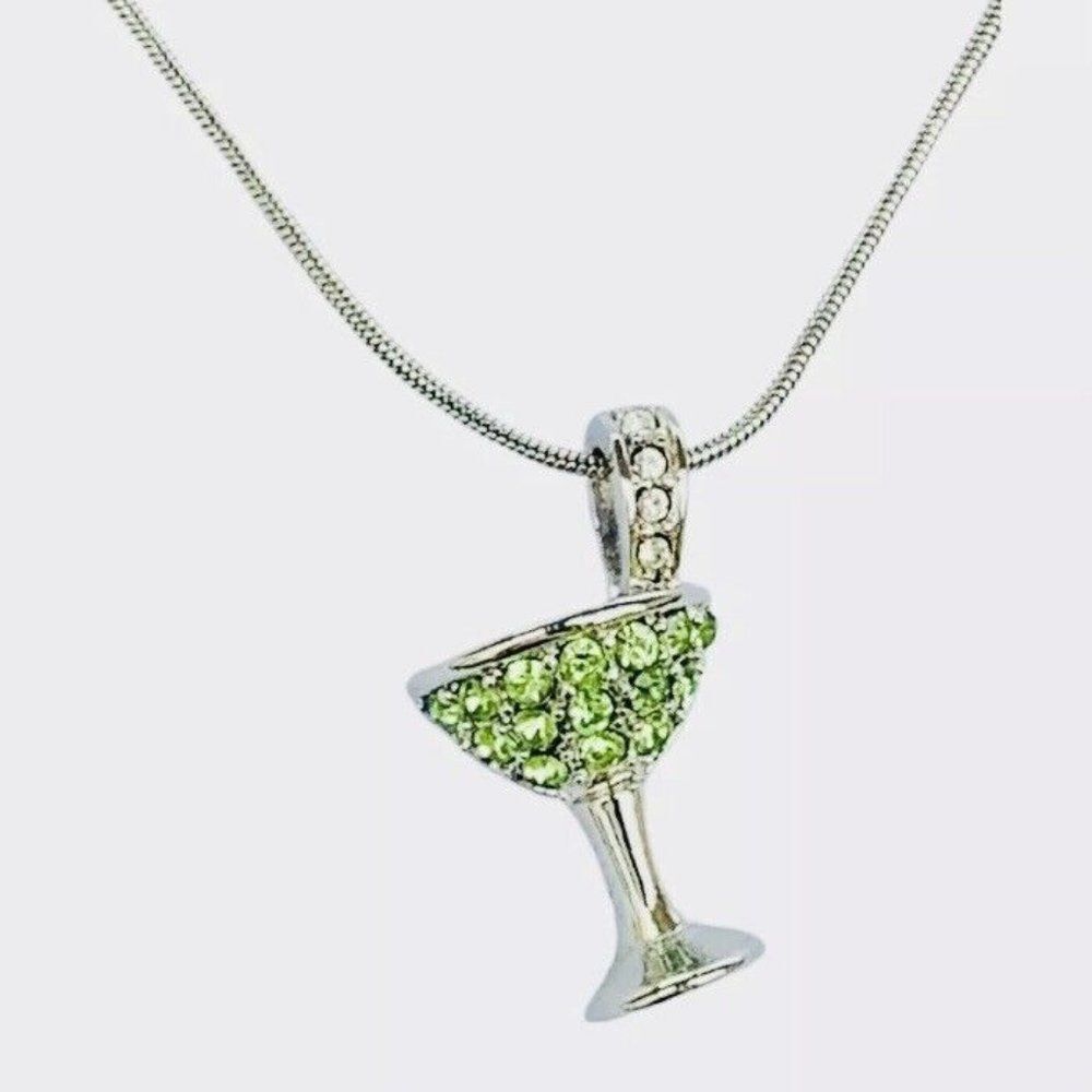 Lia Sophia Green Rhinestone Sparkle Martini Glass Silver Metal Chain Necklace